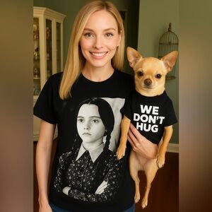 Mom & Dog Wednesday Addams Adult L & Matching Dog We Don’t Hug Top S NWOT